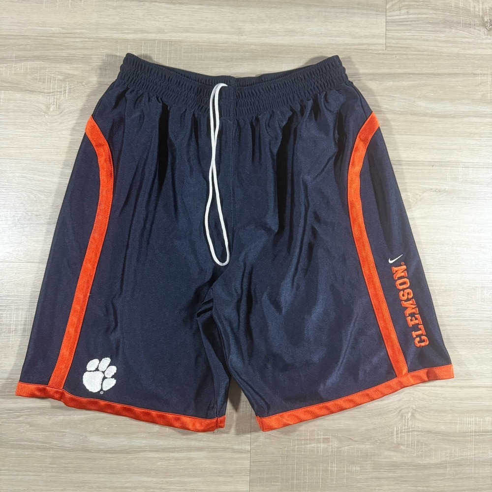 Vintage Nike Team Clemson Tigers Shiny Shorts Size Medium Blue Embroidered